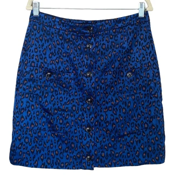 Banana Republic Leopard Print Button Front Blue Pockets Satin Skirt Size